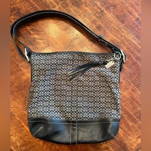 Coach Black and Gray Signature Shoulder Bag with Leather Accents